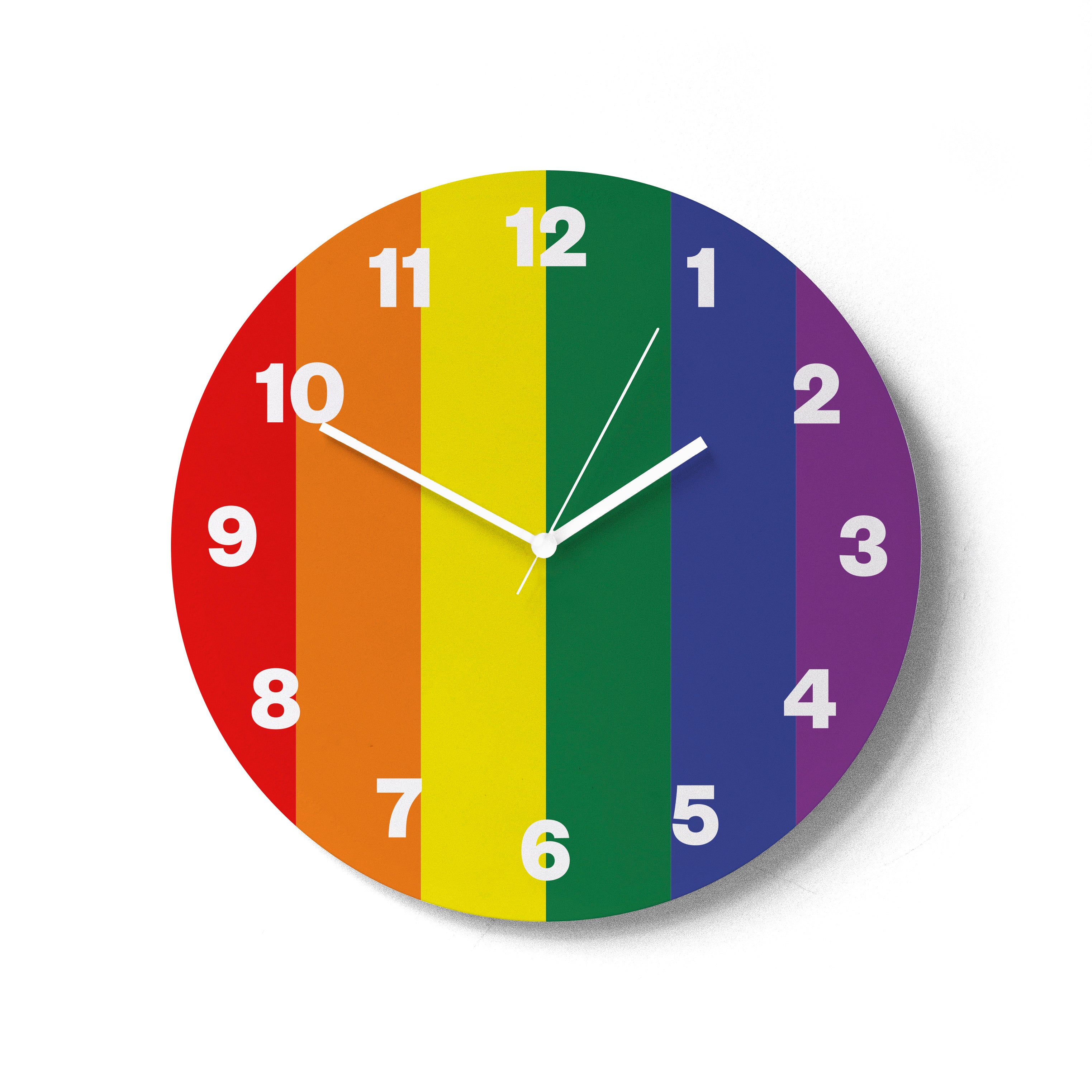 &quot;LGTBI&quot; wall clock. LGTBI flag colour base, typography and clock hands white colour.