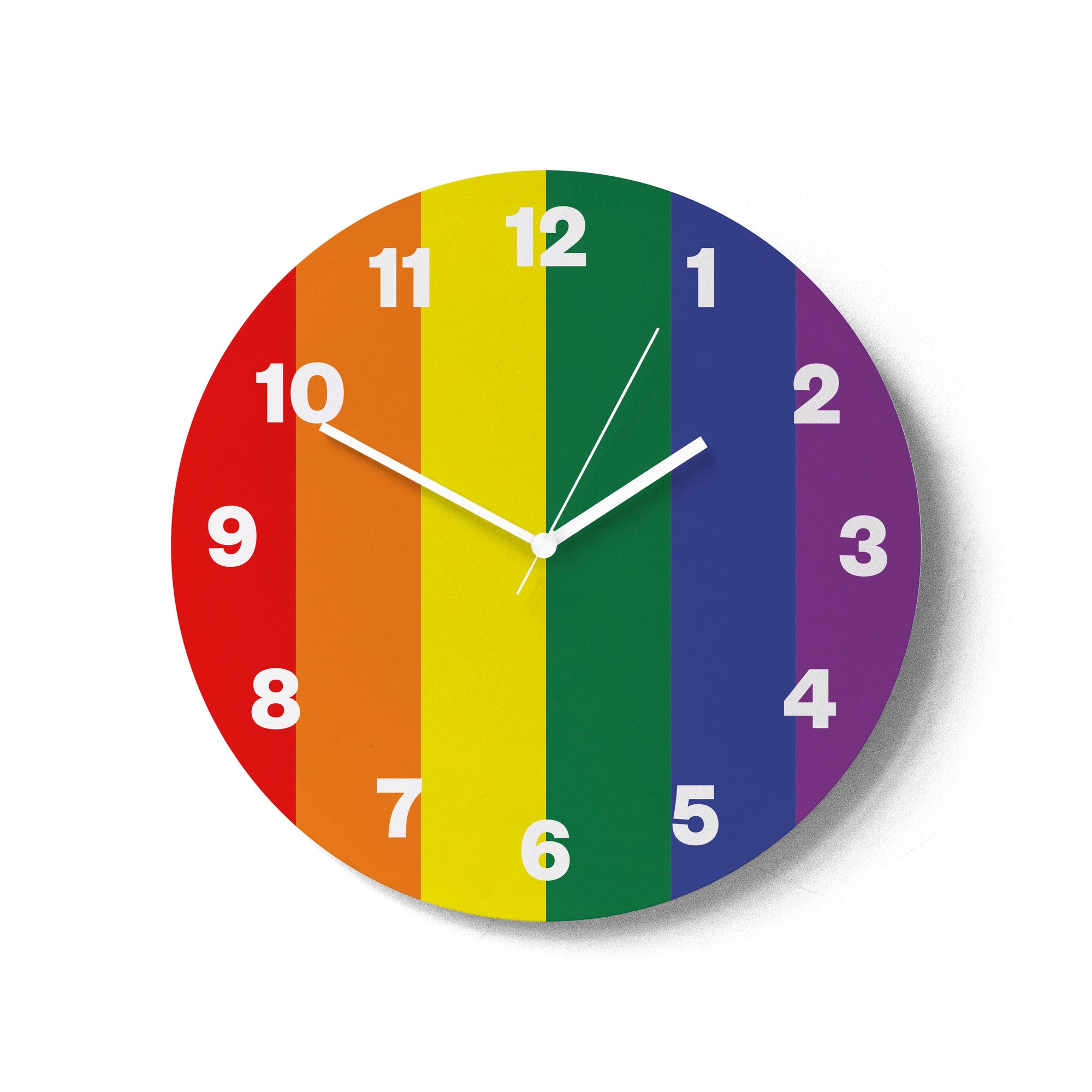 "LGTBI" wall clock. LGTBI flag colour base, typography and clock hands white colour.