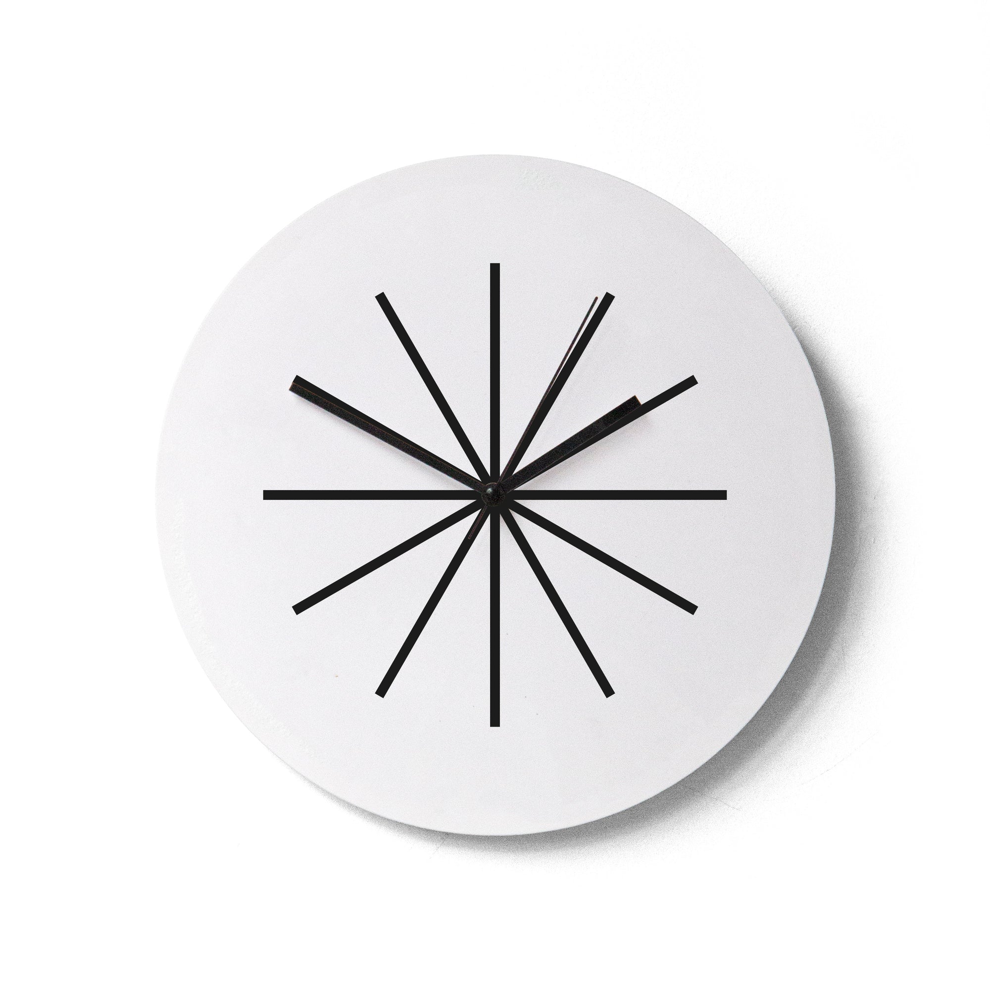 "Modern" wall clock. White and black base, clock hands black colour.