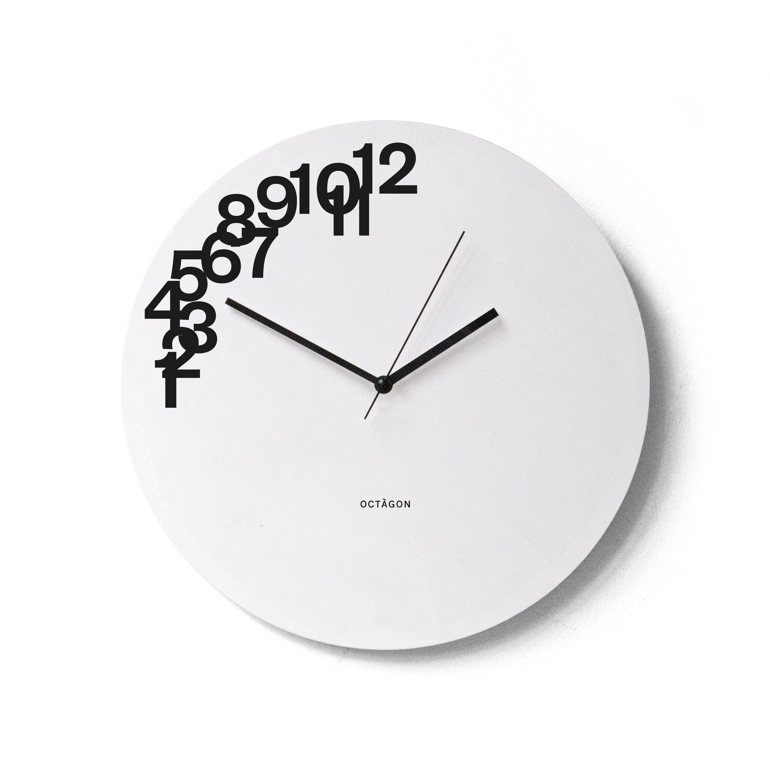 &quot;Ampparito&quot; wall clock. White base, typography and clock hands black colour.