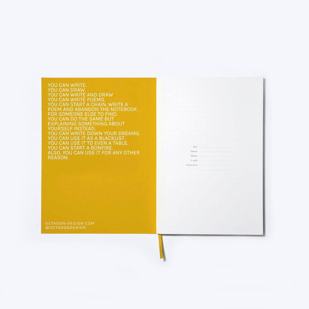 OCTÀGON DESIGN | Fun Notebook | Yellow cover and white typography, first page.