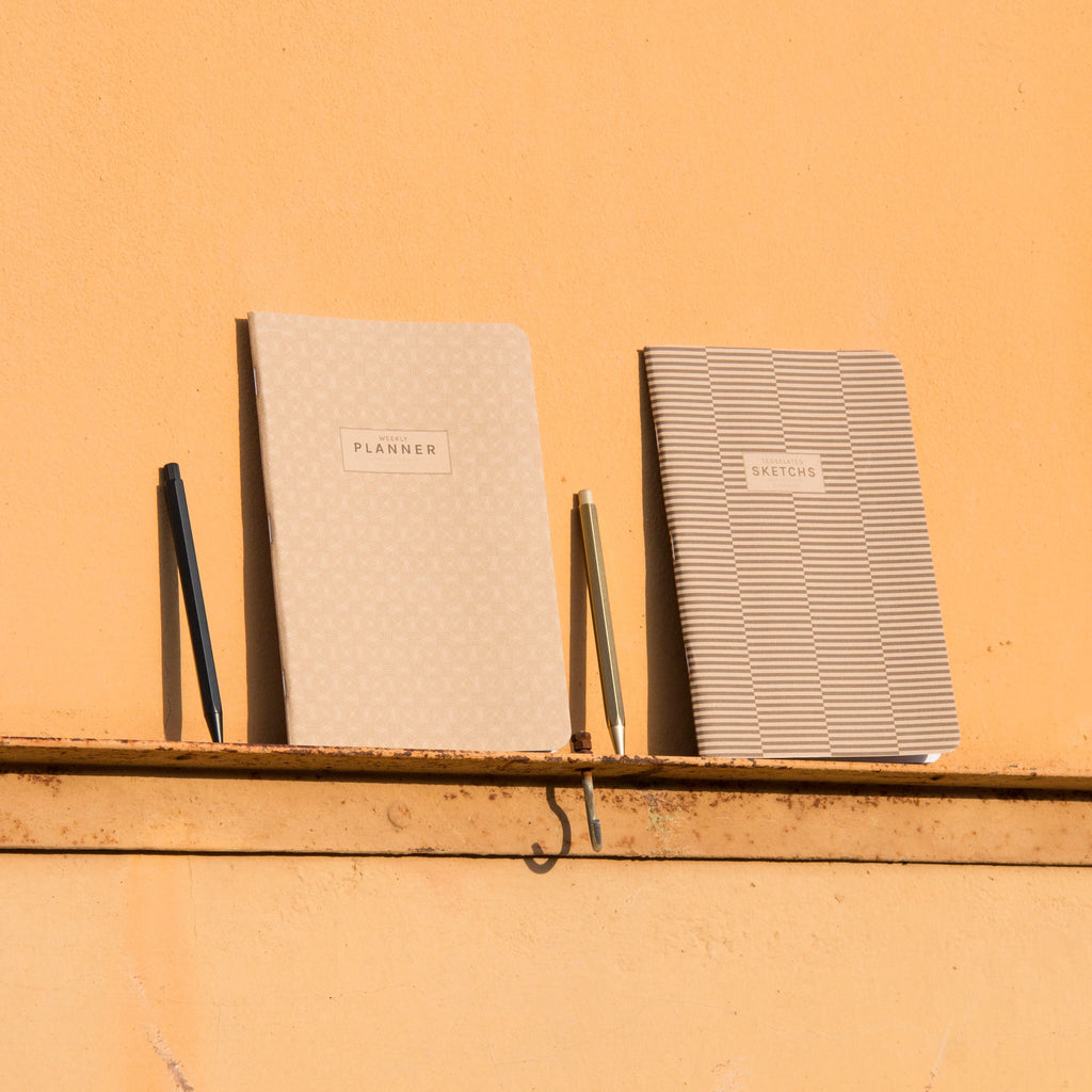 "Planner" weekly planner, cover brown colour. And "Sketchs" notebook | OCTÀGON DESIGN 
