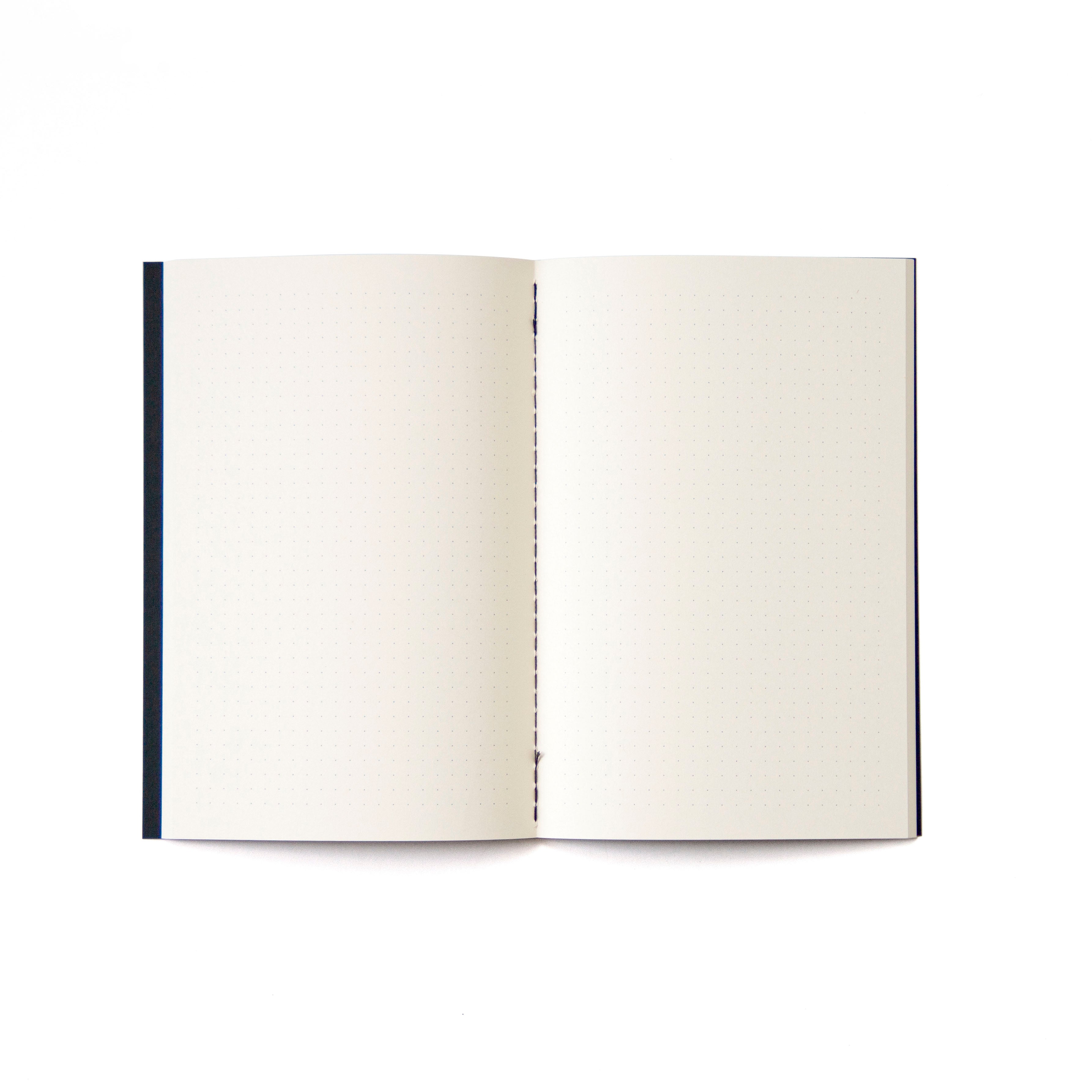 Open &quot;Random thoughts&quot; dotted notebook. Binding with black thread.