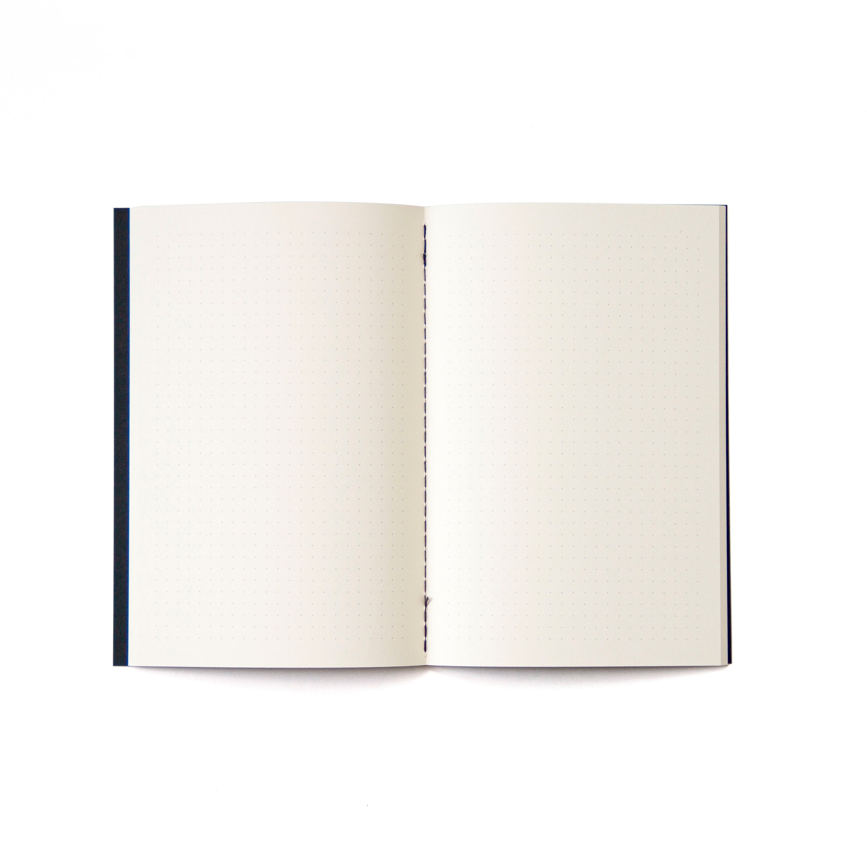 Open "Random thoughts" dotted notebook. Binding with black thread.