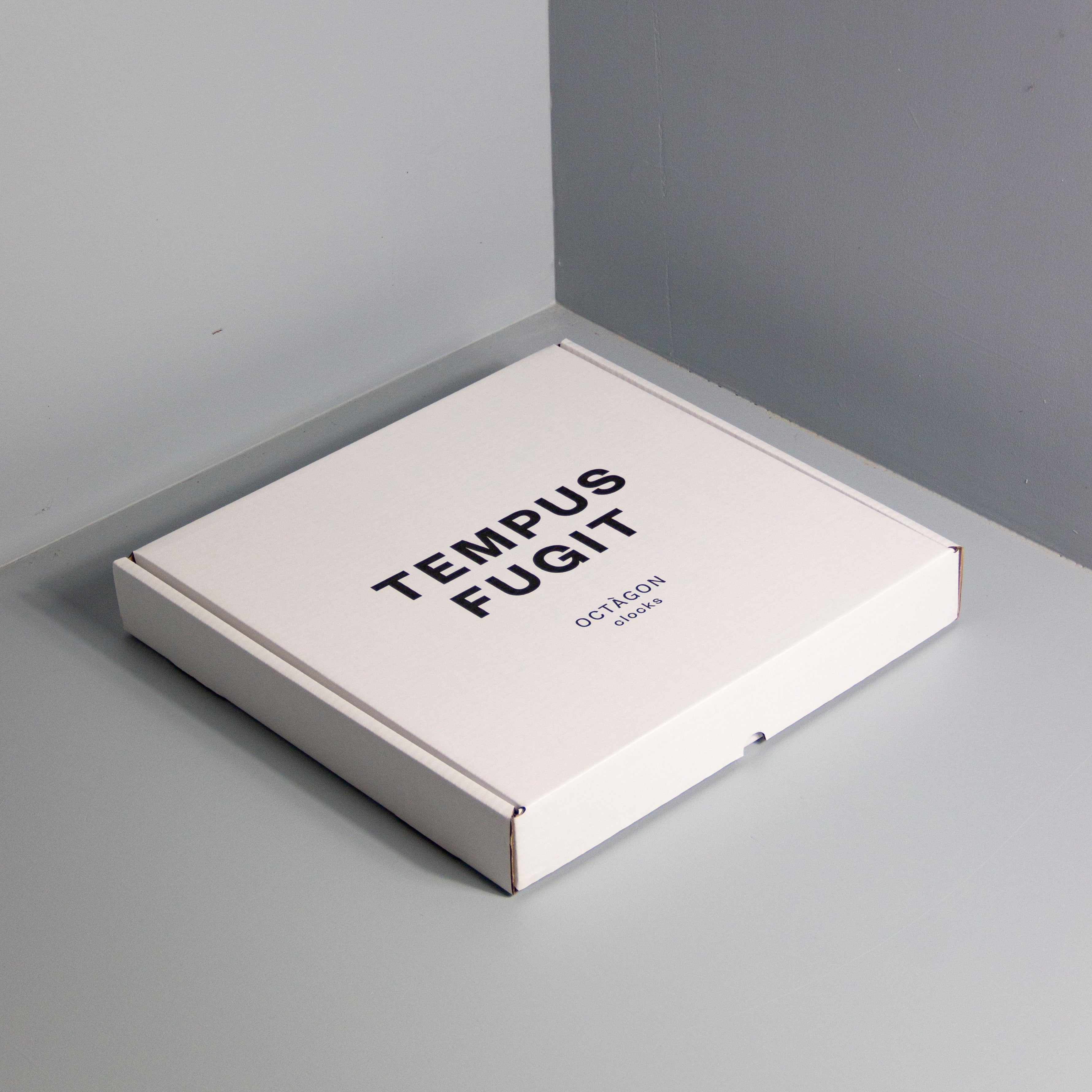 White clock box with "Tempus fugit" print black colour.