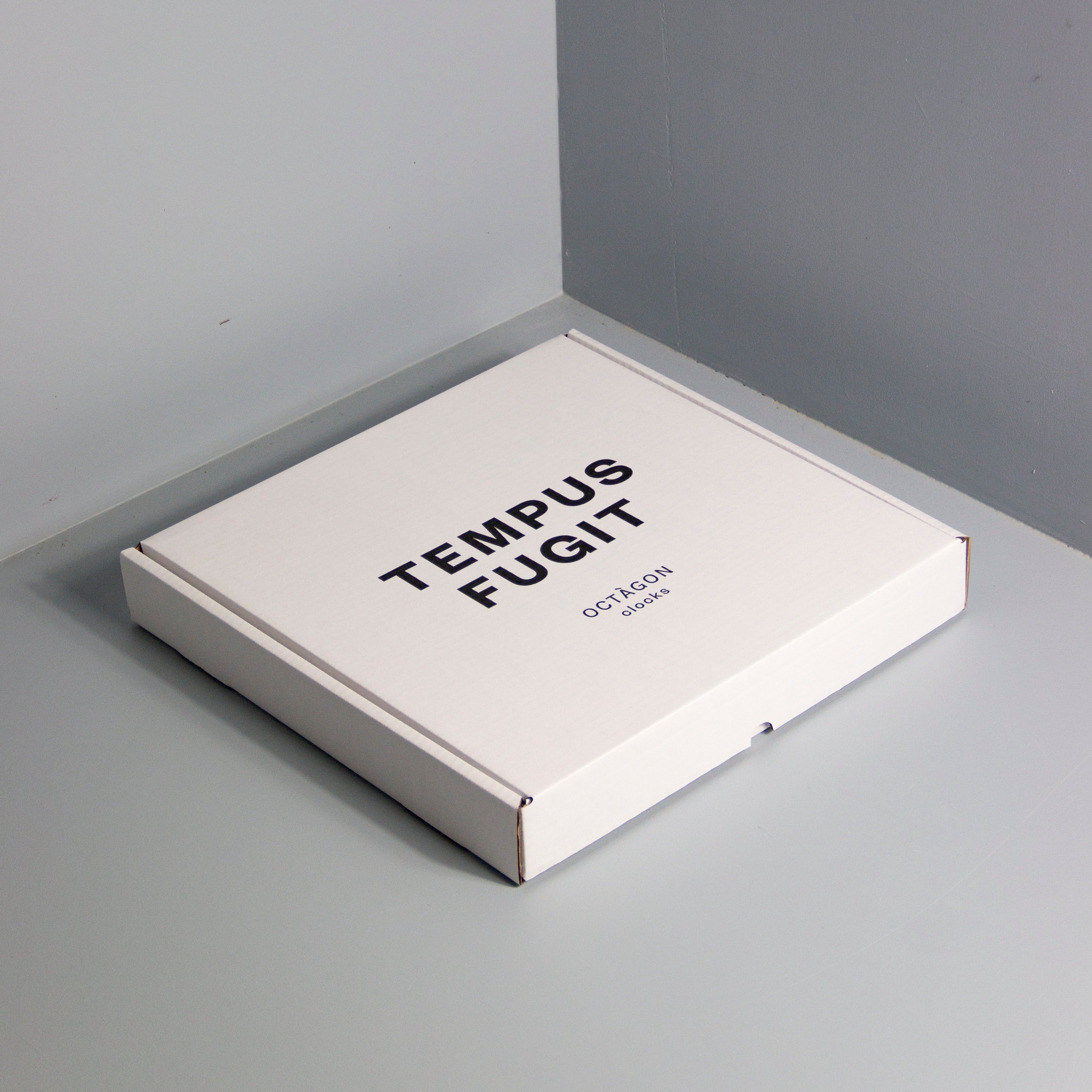 White clock box with &quot;Tempus fugit&quot; print black colour.