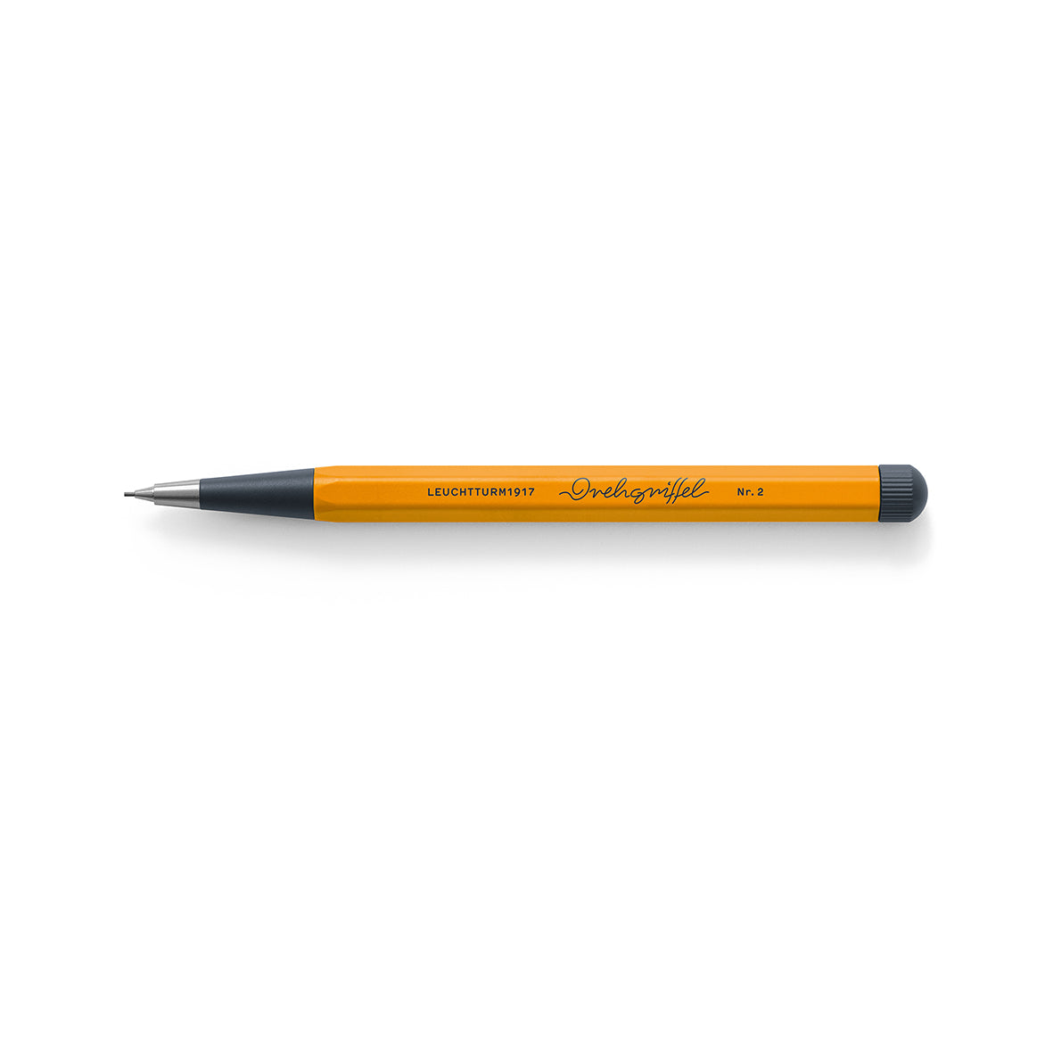 OCTÀGON DESIGN, Drehgriffel Pencil , black and orange color, black typography.