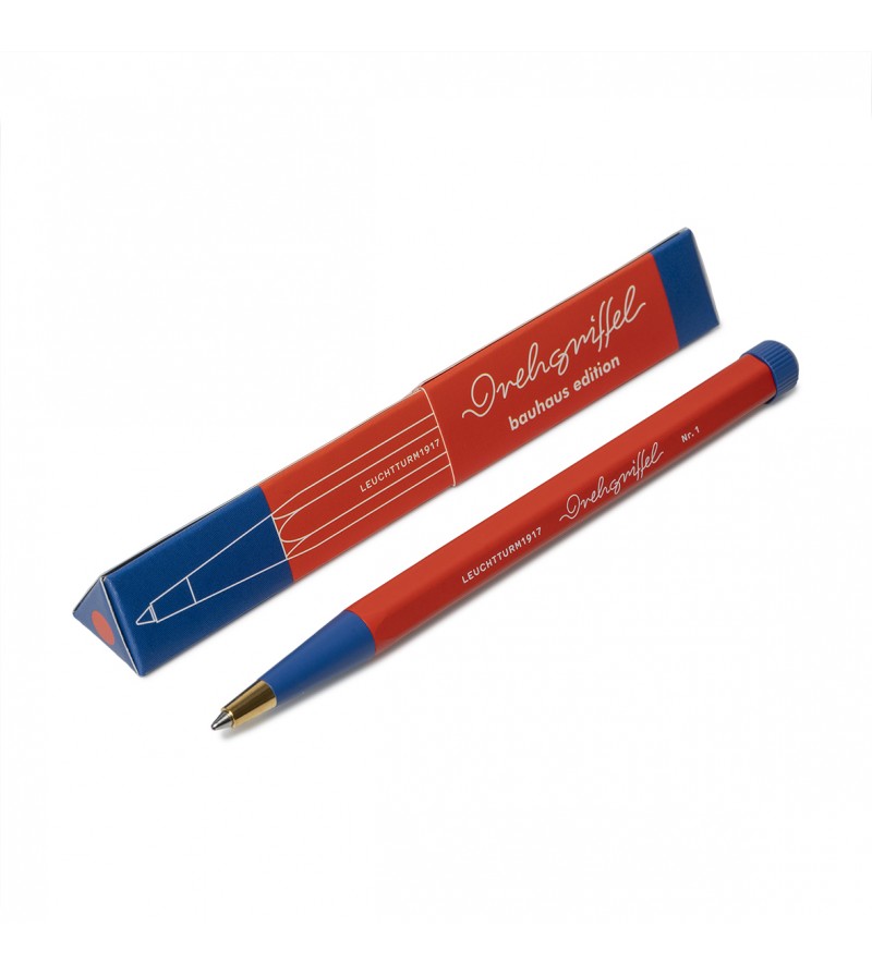 OCTÀGON DESIGN, Drehgriffel Pen , red and blue color, white typography. The red and royal blue color cardboard box of the pen.