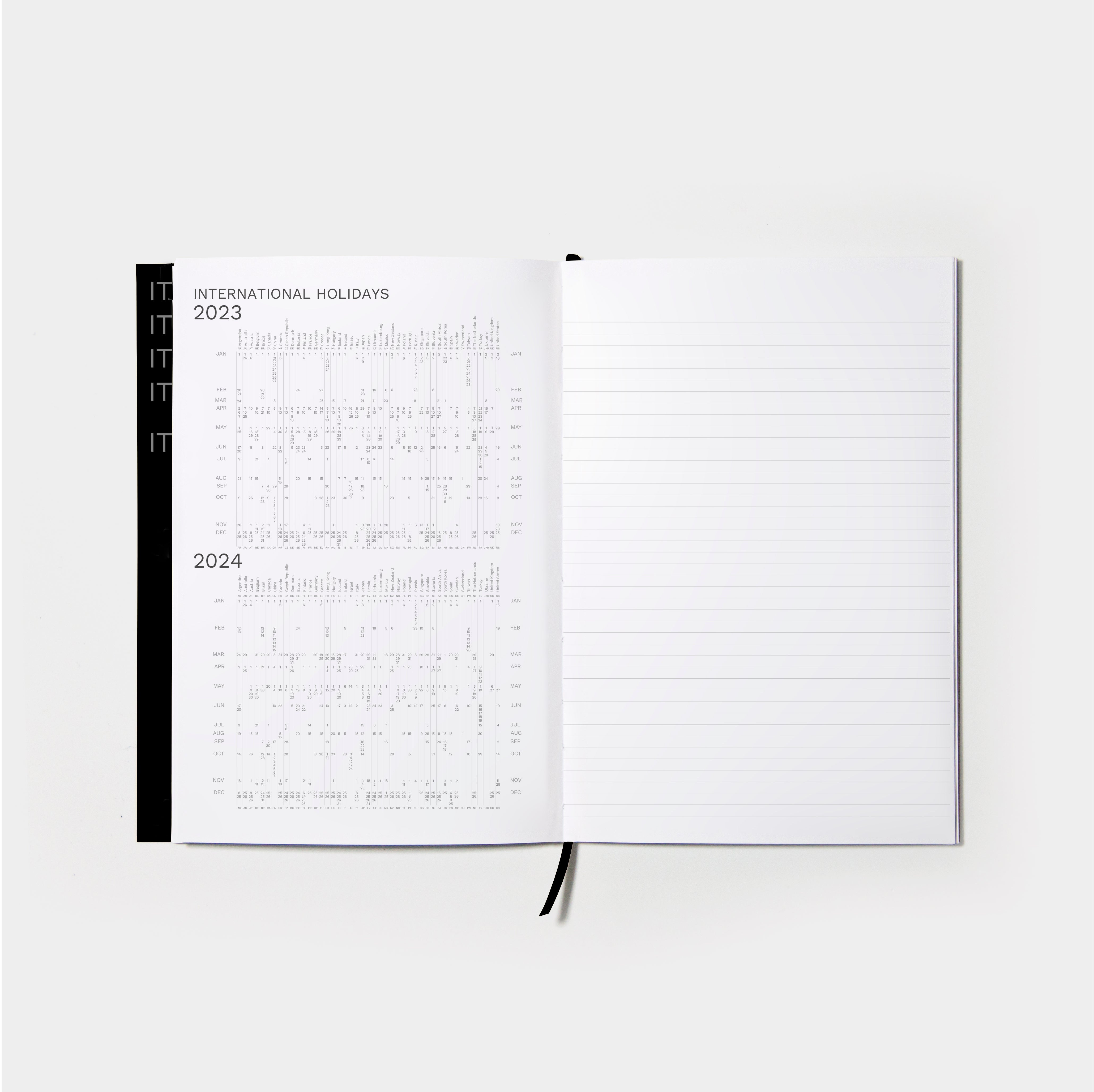 OCTÀGON DESIGN | Open &quot;Sep23 to Aug24&quot; Academic weekly planner. International holidays 2023 and 2024 on the left page and a lined template for notes on the right page.