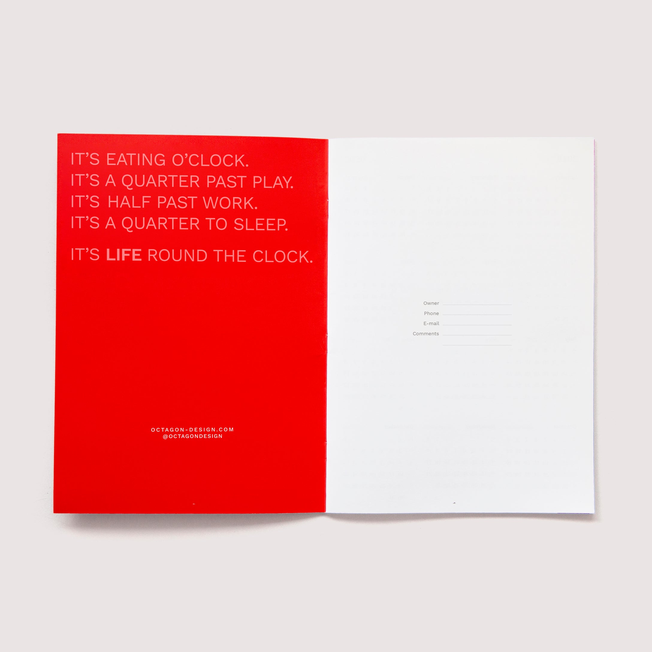 OCTÀGON DESIGN, Open &quot;Sep23 to Aug24&quot; Academic monthly planner. On the left the red inner cover with white typography and on the right the first page of the planner.
