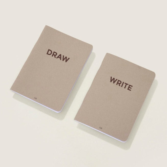 "Draw" and "Write" mini notebooks. Brown cover and brown typography.