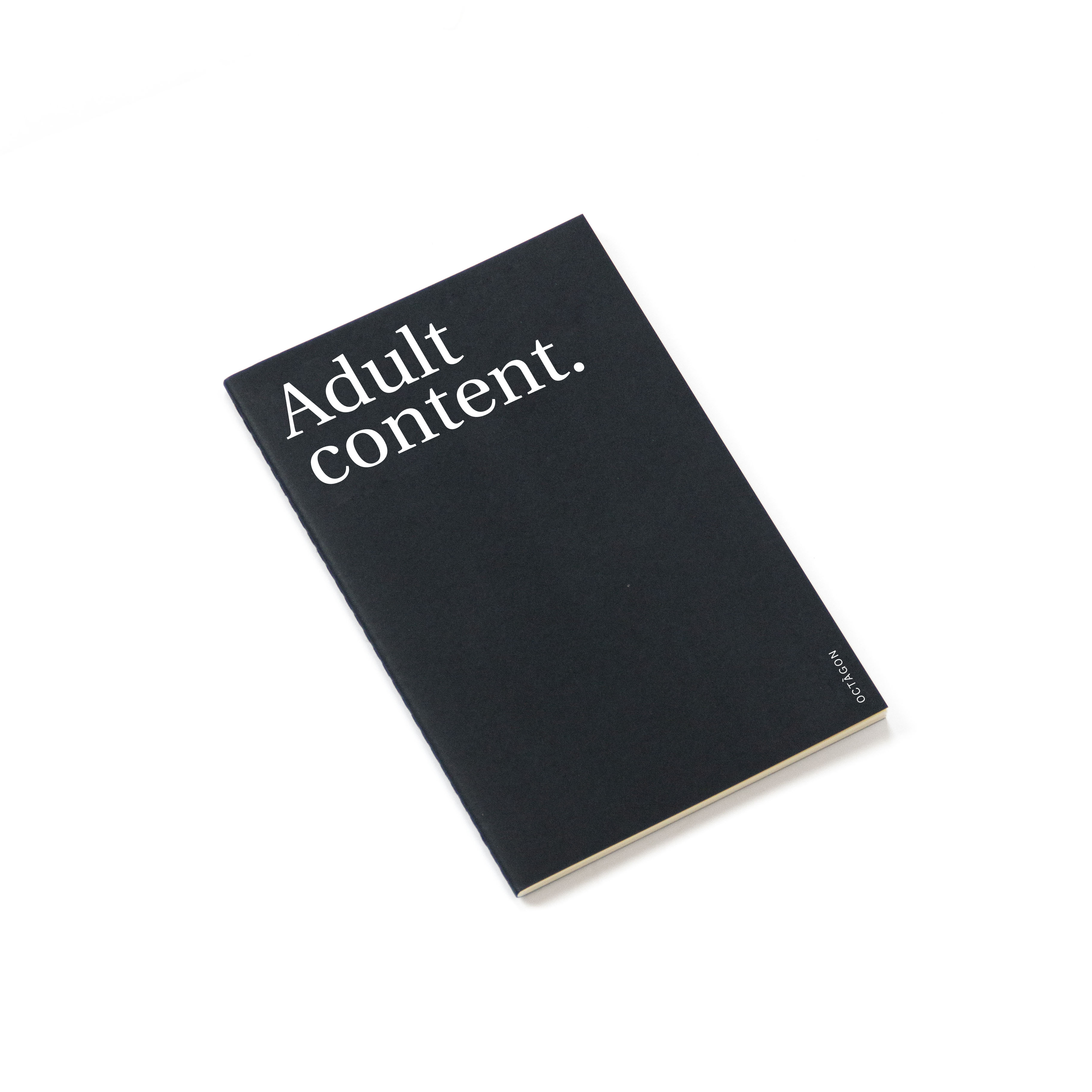 OCTÀGON DESIGN | "Adult content" thin notebook. Cover black color and white typography.