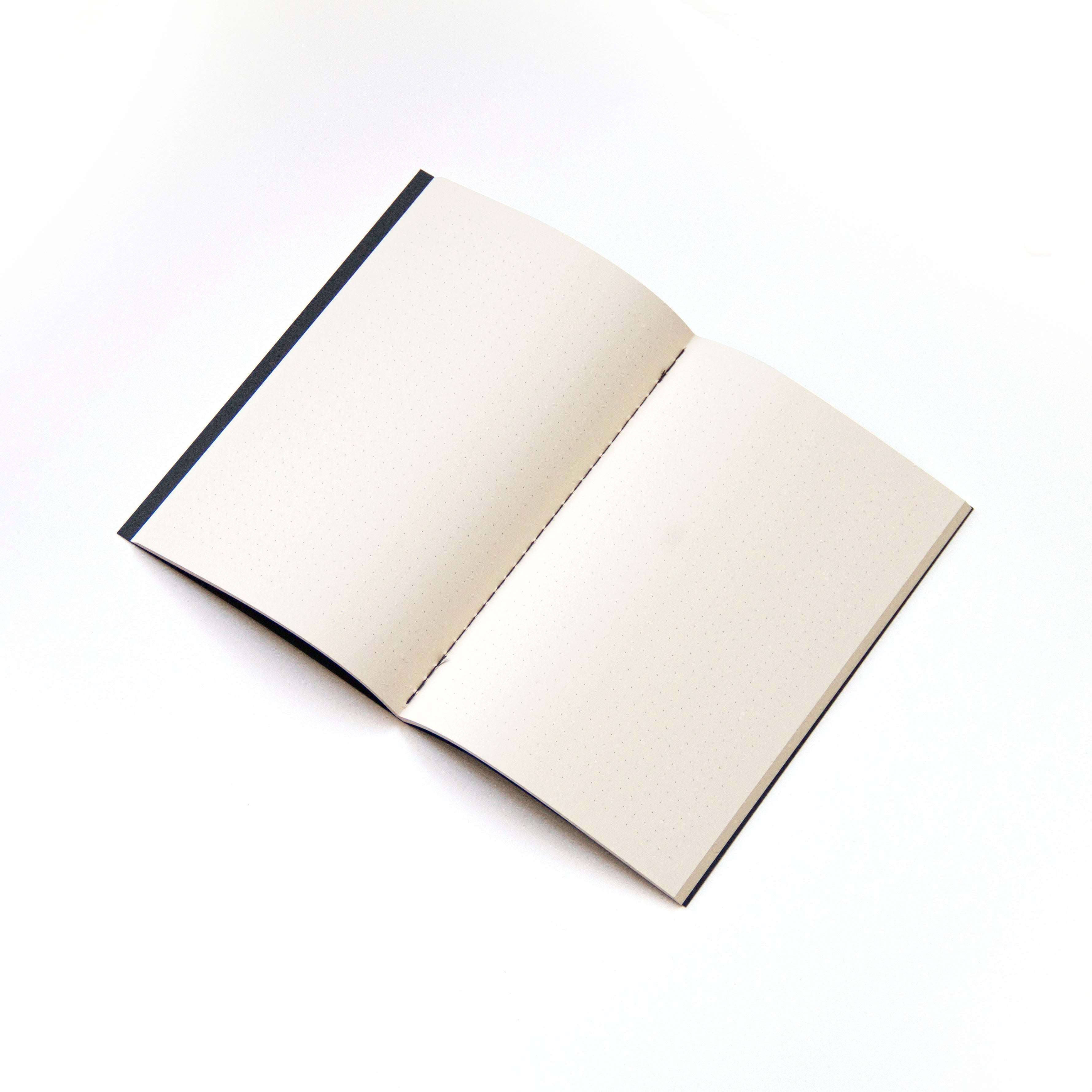 OCTÀGON DESIGN | Open &quot;Adult content&quot; dotted notebook. Binding with black thread.