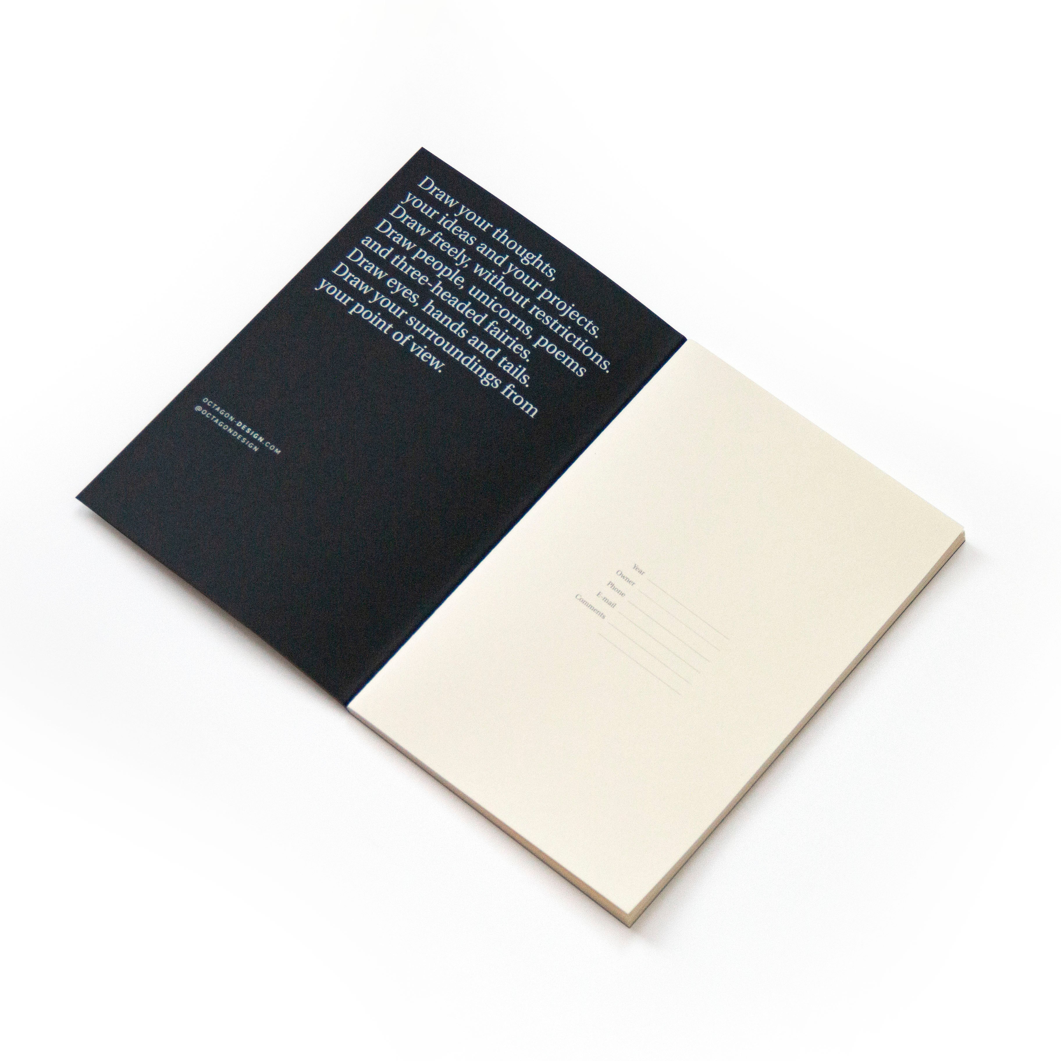 OCTÀGON DESIGN | Black | Notebook | Simil. A5 | Black inner cover and white typography, first page.